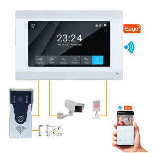 Borneaux de porte TUYA Touch Video Téléphone Sécurité IP CAMERIE OUINTERCOM SYSTÈME WIRESS WIFI RING VIDEO DE DOOR DOOR DOOR DOORD 7 pouces avec cloche de porte câblée