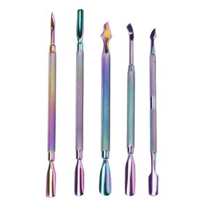 Poussoir à cuticules en acier inoxydable à double extrémité Remover pour peau morte pour pédicure manucure Nail Art Cleaner Care Tool Rainbow Wax Dabber Tools Metal Dab DHL