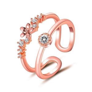 Anillos de dedo circulares de flores de doble capa para mujer, anillo abierto de diamante en forma de U, accesorios de joyería de mano florales de cobre ahuecados europeos