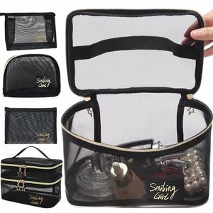 Sacs à cosmétiques transparents à double couche en maille, petits et grands cas de maquillage noirs, organisateur de toilette de voyage portable, rangement de rouge à lèvres M2xJ #