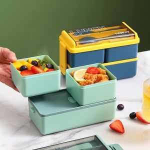 Boîte à lunch portable double couche pour enfants avec fourchette et cuillère Boîtes à bento pour micro-ondes Ensemble de vaisselle Conteneur de stockage des aliments YFA2052
