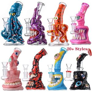 Unique Heady Glass Bongs Estilo de Halloween Hookahs Tuberías de agua Cabezal de ducha Perc Octopus Oil Dab Rigs Beaker Bong 5 mm de espesor Pequeños mini cera Rigs con tazón Brillan en la oscuridad