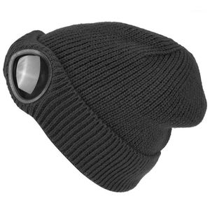 Gorro de punto de invierno grueso de doble uso, gorros cálidos, gorro de esquí con gafas extraíbles para mujeres, gorros negros para ciclismo, máscaras