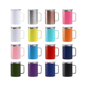 Double paroi isolée sous vide 16 oz en acier inoxydable thermique Thermos Camping poignée tasse à café tasse avec couvercle coulissant en gros