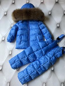 Down Coat European et American High-Und Boys Girls Children White Duck Veste Pantalon Suspenten épaissir Big Fur Collar Batch