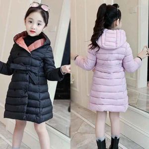 Le manteau down filles hiver longues vestes en coton en coton en coton à capuche à la ceinture mince à la taille chaude des vêtements d'extérieur 4-12 ans