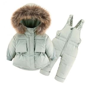 Manteau d'hiver en duvet pour enfants, ensemble de vêtements -30 degrés, veste en duvet, combinaison pour bébé garçon, Parka en vraie fourrure, fille, combinaison de neige épaisse et chaude 231009