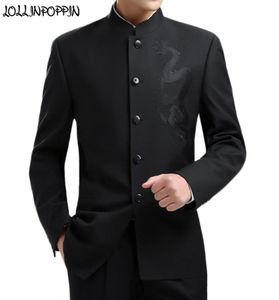 Bordado de dragón para hombre, traje tipo túnica de estilo chino, chaqueta con cuello levantado mandarín, abrigo de kungfú de un solo pecho en negro LJ2009237242366