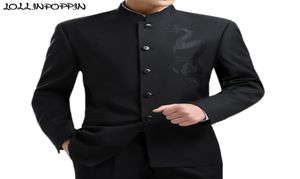 Bordado de dragón para hombre, traje tipo túnica de estilo chino, chaqueta con cuello levantado mandarín, abrigo de kungfú de un solo pecho en negro LJ2009239140136