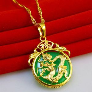 Patrón de dragón Cadena colgante de jade 18k Oro amarillo lleno Mujeres Círculo Colgante Collar Regalo con Box268I