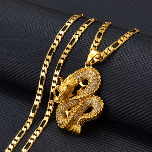 Colliers avec pendentif Dragon pour femmes et hommes, bijoux en or jaune 14 carats, zircone cubique, ornements culturels chinois, mascotte porte-bonheur