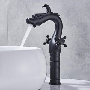 Grifo para lavabo de baño con forma de dragón, grifo mezclador de doble manija, Color negro, Material de latón, grifos de bronce frotado con aceite