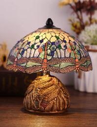Lampe de table de libellule, lampe de table de vitrail simulée en résine