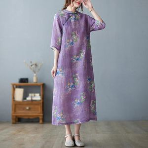 Robe 2023 nouveauté mince coton doux lin violet Style chinois confortable robe d'été Robes Cheongsam grande taille femmes décontracté robe mi-longue