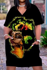 Vestido Niñas negras africanas Vestido de bolsillo con estampado 3D Vestidos de manga corta para mujer Vestidos de fiesta midi bohemios indios con cuello en V sexy para mujer