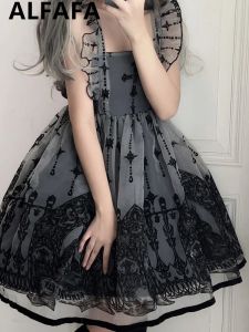 Robe Anime gothique Lolita robe femmes Vintage victorien croix diable sorcière imprimer thé fête Kawaii robes Halloween fille foncé Emo robe