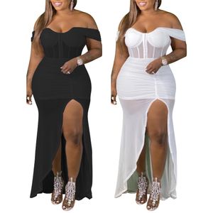 Vestido de talla grande Ropa de mujer en pliegues apretados sin espalda sexy Vestido sólido Discoteca Falda larga Verano Envuelva su pecho Blanco Negro Temperamento