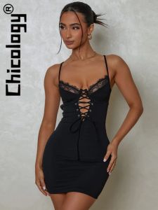 Vestido Chicology Sexy Lace Slip Bandage Slim Mini vestido negro Fiesta Club evento verano ropa de calle moda mujer ropa para venta al por mayor