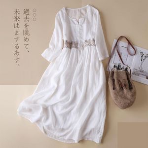 Vestido de lino y algodón, vestido blanco por debajo de la rodilla, ropa de verano para mujer, vestido Retro japonés de lino bordado a mano, vestido coreano Harajuku, moda holgada