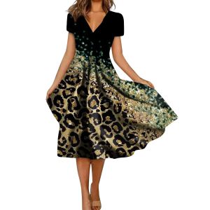 Vestido elegante de verano 2023 para mujer, moda informal, estampado de leopardo, manga corta, cuello en V, vestido oscilante, vestidos baratos con envío gratis