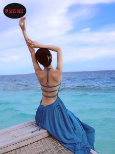 Robe ethnique coton lin beauté dos bleu longue robe licou bohème plage vacances chaude sexy robe d'été robe femmes dame lune de miel porter