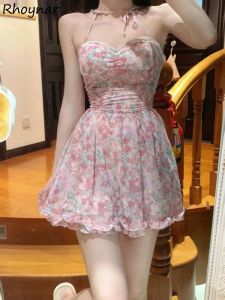 Vestido Vestido floral Mujer Mini Chicas calientes Cintura alta Rosa Kawaii Vintage Sin tirantes Estética de verano Vestidos cómodos franceses Moda Nuevo