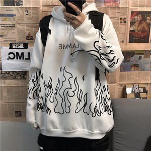 Vestido Kpop Retro Flame Print Sudadera con capucha Versión coreana Ins Haruku Bf Style Street Hiphop Loose Plus Veet Sudadera para hombres y mujeres