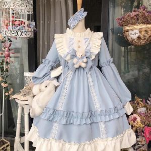 Vestido Vestido de lolita Mujer gótica japonesa Kawaii Arco Oso Vestido azul de encaje Princesa de manga larga Disfraz de Halloween El mejor regalo para niñas