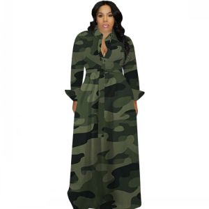 Vestido camisero largo Vestidos para mujer Túnicas de manga larga con un solo pecho Primavera Nueva moda Camuflaje Estampado Vestido largo militar Vestidos