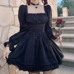 Robe Manches Longues Lolita Robe Noire Goth Esthétique Manches Bouffantes Taille Haute Vintage Bandage Dentelle Garniture Parti Gothique Vêtements Robe Femme