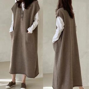 Robe nouvelle mode coréenne décontractée robe en cachemire ample femmes tricoté col en v poches à manches courtes pull longues robes automne robes