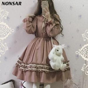 Vestido NONSAR vestido clásico de Lolita para mujeres suaves hermanas temperamento manga larga niñas Op dulce lindo vestido de lazo diario gran oferta