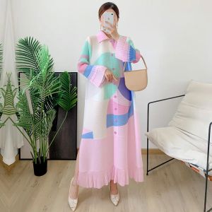 Robe rose Miyake pour femmes, jupe longue plissée, haute qualité, élégante, mode, ceinture, revers, manches longues, amples, meilleures ventes