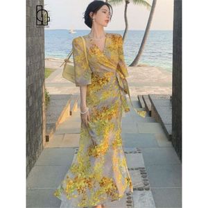 Robe Sexy Net Fleur Rouge Fleur Fragmentée Robe Longue Femmes Jaune Style Français Imprimé Floral Wrap Robe Longue Vestidos Elegantes Robe De Soirée