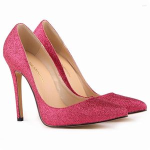 Zapatos de vestir 2023 Primavera Boda Mujeres Bombas Moda superficial Lentejuelas Tela Tacones altos Punta puntiaguda Rosa Rojo Oro Zapato de fiesta