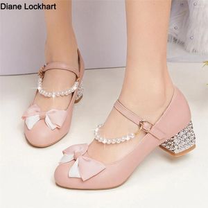 Chaussures habillées 2024 Spring Girls High Heels Mary Jane Pumps Party Wedding Blanc Rose Beige Boude Bow Bow Princess Cosplay Summer Women Shoe