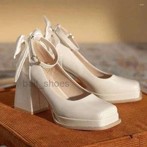 Robe chaussures 2024 doux gros noeud noeud carré orteil vintage bride à la cheville plate-forme pompes femmes talons hauts confortable marche bordeaux chaussures