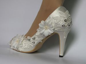 Chaussures habillées 7,6 cm talon satin blanc ivoire dentelle ruban cheville bout ouvert mariage femme cadeau