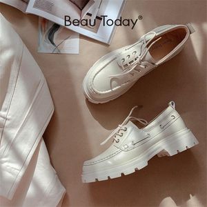 Chaussures habillées Beautoday Plateforme Femmes Véritable Cuir De Vache Bout Rond Couture À Lacets Appartements Chunky Semelle Dames Derby Fait Main 27739 220926 GAI GAI GAI