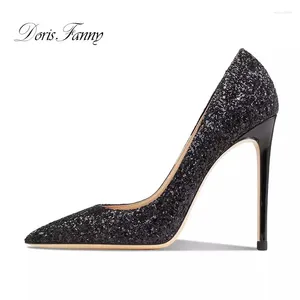 Zapatos de vestir Doris Fanny Black Glitter Heels High Women Stiletto Stiletto Sexy Pombs Lady Fashion for Party Wedding