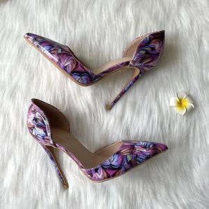 Chaussures habillées élégantes en cuir verni violet imprimé à talons hauts femmes Lady D'orsay dames pompe marque de créateur en vente