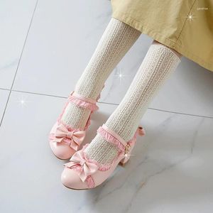 Zapatos de vestir encaje femenino tacón grueso chicas dulces mujeres kawaii té fiesta japonesa lindo anime lolita mujeres harujuku cosplay arco