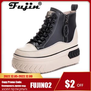 Zapatos de vestir Fujin High Top Mujeres Cuero genuino 8 cm Plataforma Botas Cuña Tacón oculto Zip Primavera Otoño Piel Cálida Zapatillas de invierno 221207