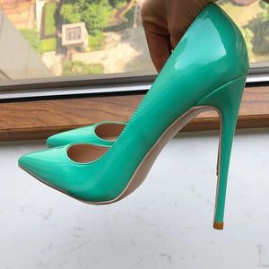 Zapatos de vestir brillante menta verde mujeres punta puntiaguda 8 cm 10 cm 12 cm tacón alto resbalón en bombas de estilete más tamaño 33-45