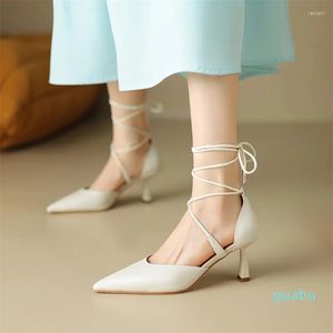 Chaussures Habillées LeShion De Cuir Véritable Talons Hauts Minces Femme Beige Nude Avec Corde En Daim Noir Escarpins Femmes