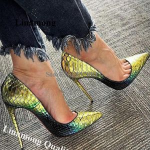 Zapatos de vestir Linamong Sexy Punta estrecha Amarillo Verde Gradiente Cuero de serpiente Zapatos de tacón de aguja Sin cordones 8 cm 10 cm 12 cm Tacones altos Club