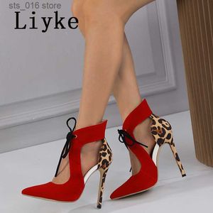 Chaussures habillées Liyke 2023 nouveau Sexy rouge bout pointu à lacets talons hauts femmes Slingback sandales été fête chaussures de bal imprimé léopard pompes Mule T230828