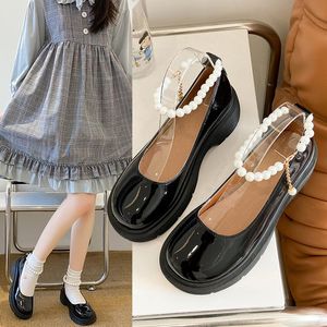 Robe chaussures lolita femme mignon noir perlé pu cuir fond épais unique école fille uniforme mary jane confortable sol en caoutchouc