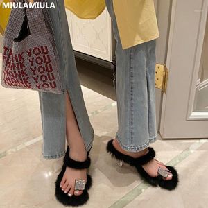 Zapatos de vestir MIULAMIULA Diseño de marca Suave Cabello real 2022 Verano Lujo Bling Rhinestone Transparente Tacón Lady Bombas Piel Slipper Slide