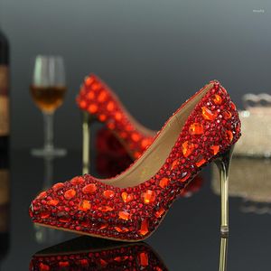 Chaussures habillées couleur rouge bout pointu fête de mariage femmes mariées strass cristal argent talons hauts pompes